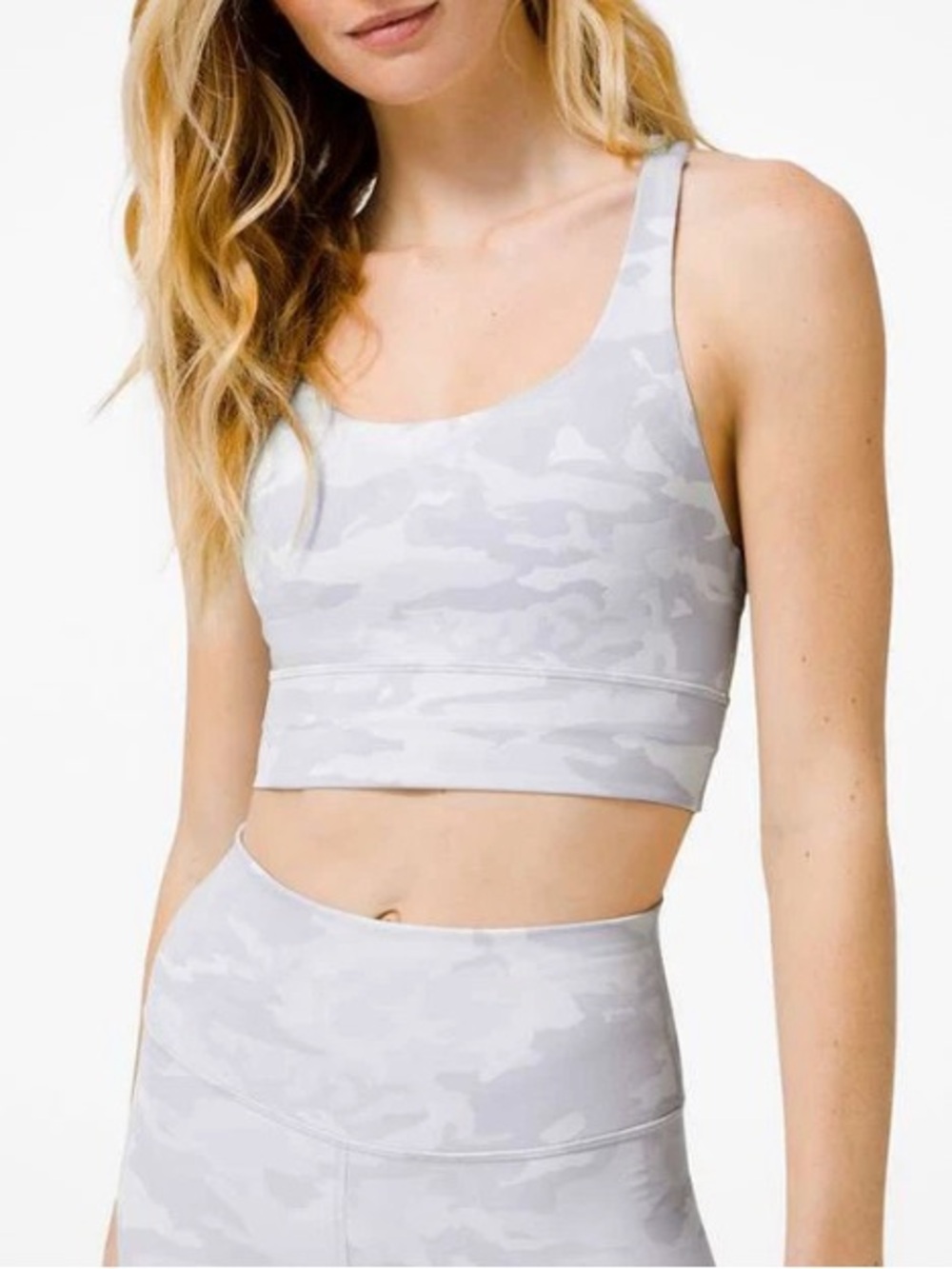 Lululemon Energy Bra Long Line Incognito Camo Jacquard Alpine White Grey Size 4